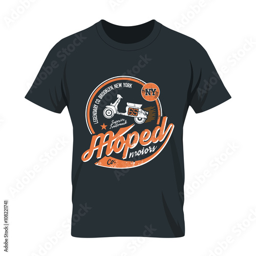 Vintage American moped old grunge effect tee print vector design illustration. 
Premium quality superior retro scooter logo concept. NY shabby t-shirt emblem.
