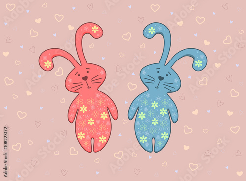 Vector illustration of two rabbits on background with hearts