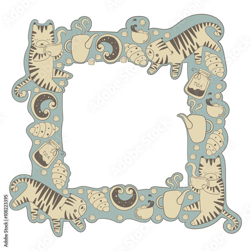 Cats with teapots cups and baking greeting card vector  backgrou