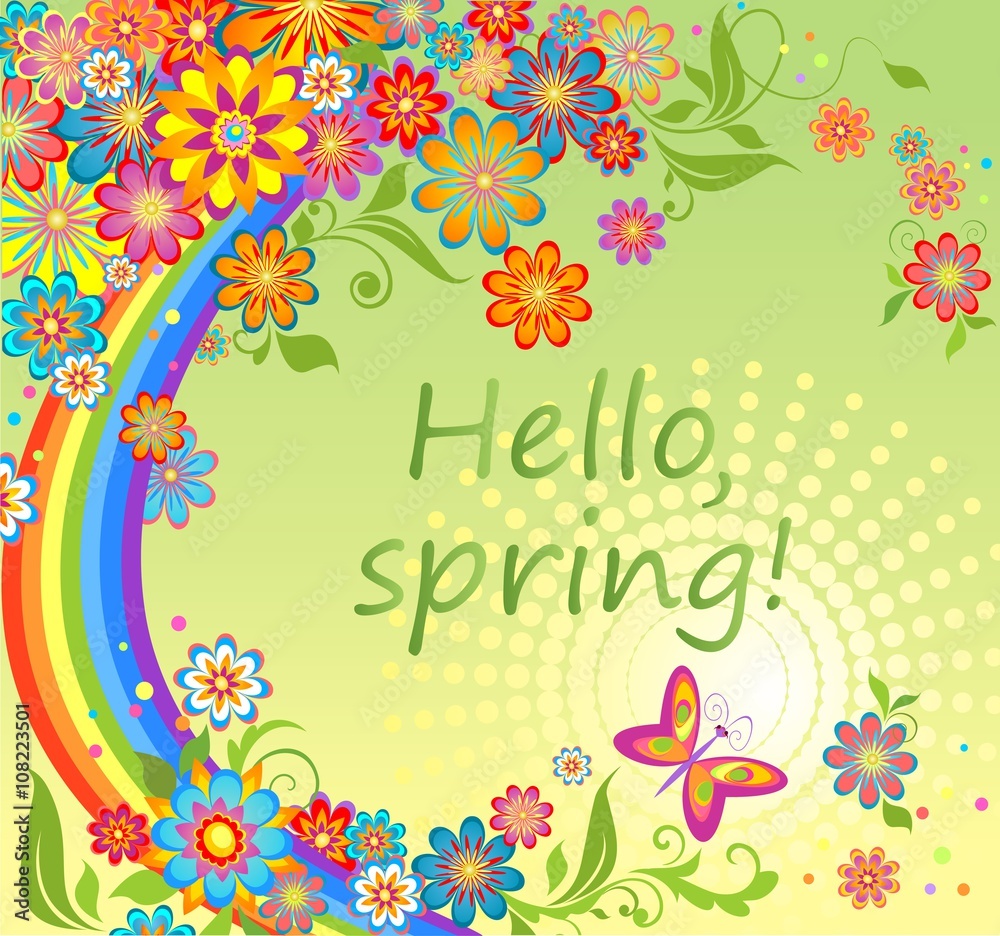 Spring card with colorful flowers and rainbow Spring card with colorful flowers and rainbow