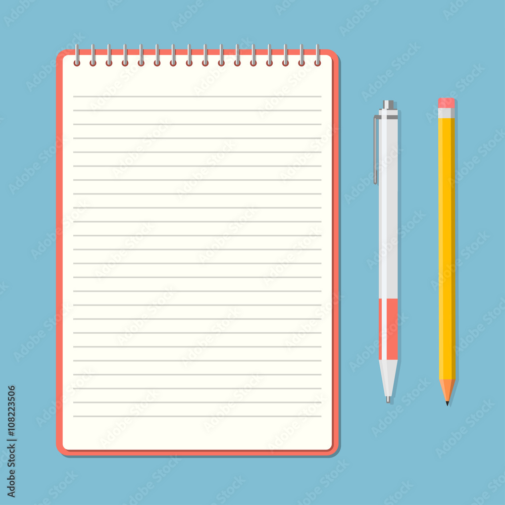 Opened notepad with pencil and pen Opened notepad with pencil and pen