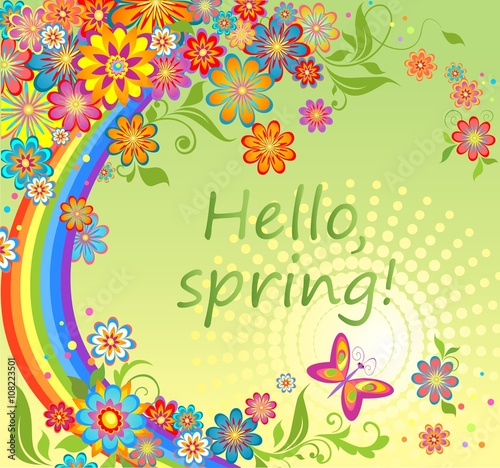 Spring card with colorful flowers and rainbow
