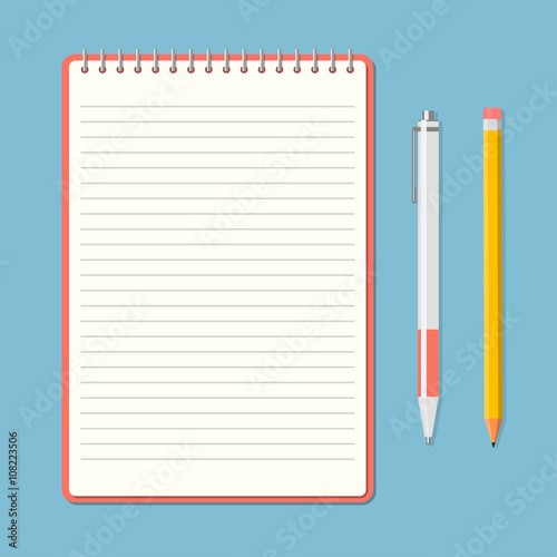 Opened notepad with pencil and pen 