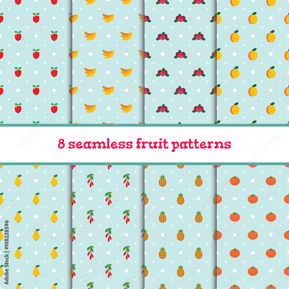 8 seamless cute patterns with fruits and berries. Vector illustration. 8 seamless cute patterns with fruits and berries. Vector illustration.