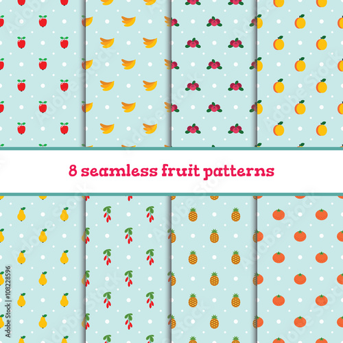 8 seamless cute patterns with fruits and berries. Vector illustration.