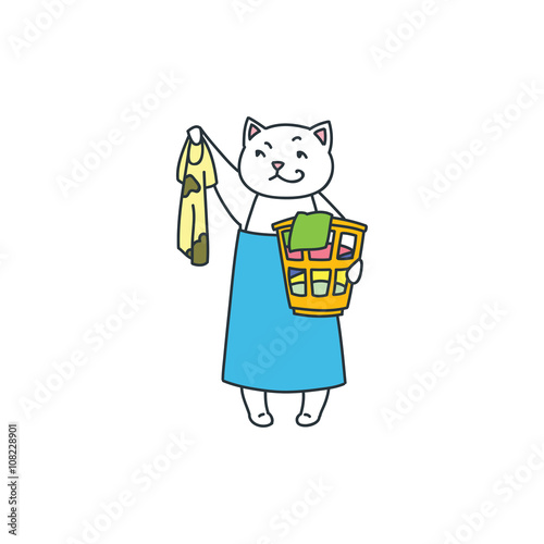 Funny white cat with laundry basket. Doodle vector illustration isolated on white background.