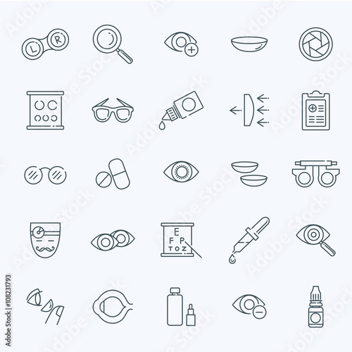 Oculist optometry vision correction eyes health line icons set 