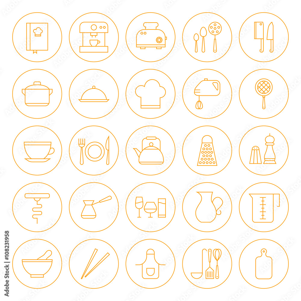 Line Circle Kitchenware and Cooking Icons Set Line Circle Kitchenware and Cooking Icons Set