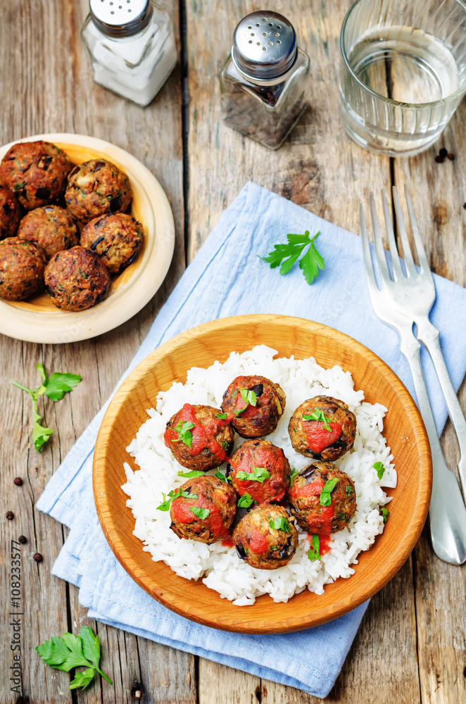 Eggplant white beans vegan meatballs with tomato sauce and rice Eggplant white beans vegan meatballs with tomato sauce and rice
