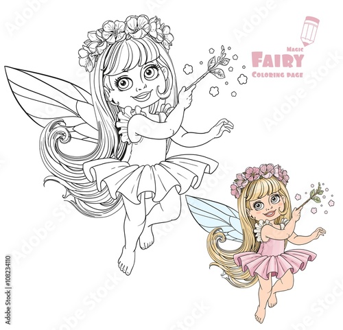 Little spring fairy girl with magic wand color and outlined pict