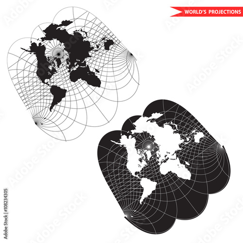 obliqe world map projection. Black and white world map vector illustration.