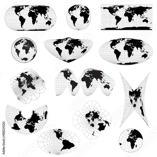 Set of different world projections. World view from space icon.