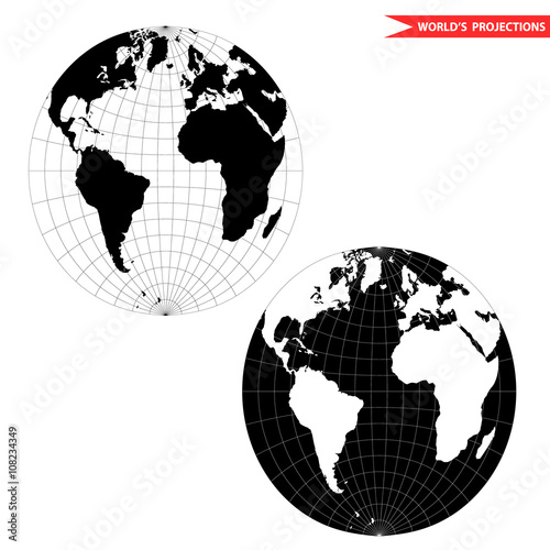 spherical world map projection. Black and white world map vector illustration.
