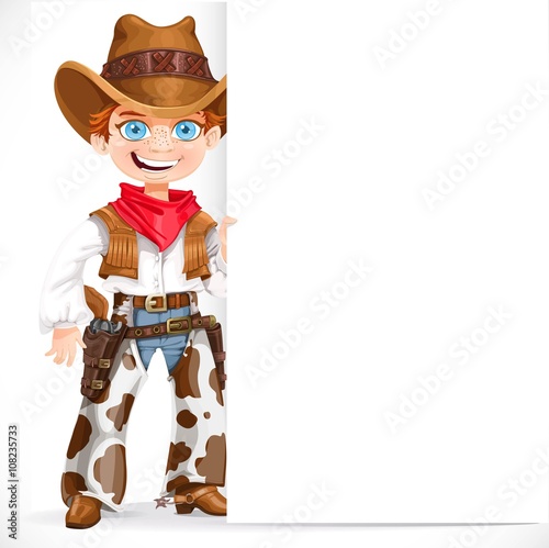 Cute boy dressed as a cowboy with big white blank banner isolate