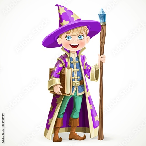 Cute boy dressed as a Wizard with the book and a magic staff iso
