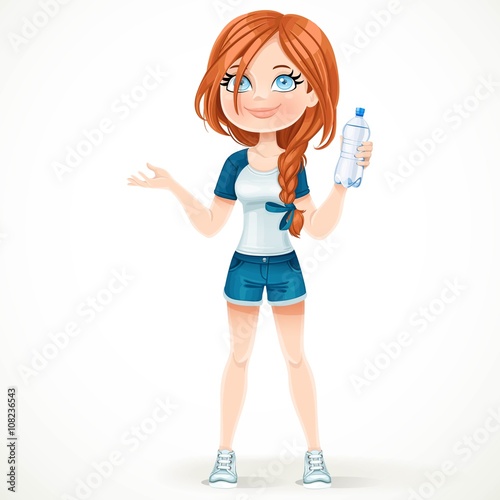 Beautiful girl in a sports suit holds a water bottle isolated on