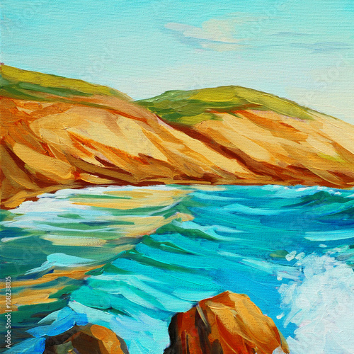  seascape mediterranean coast, oil painting on canvas, illustration