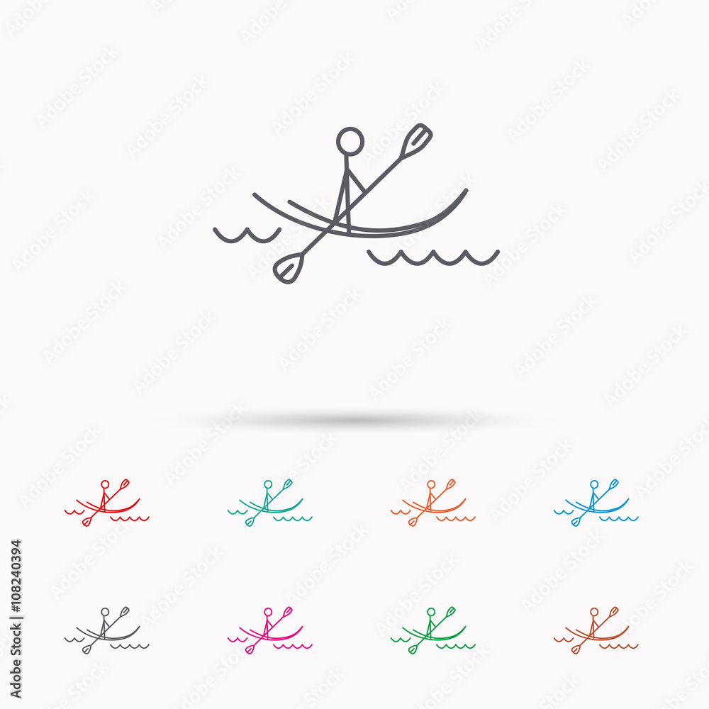 Kayaking on waves icon. Rafting or canoeing.