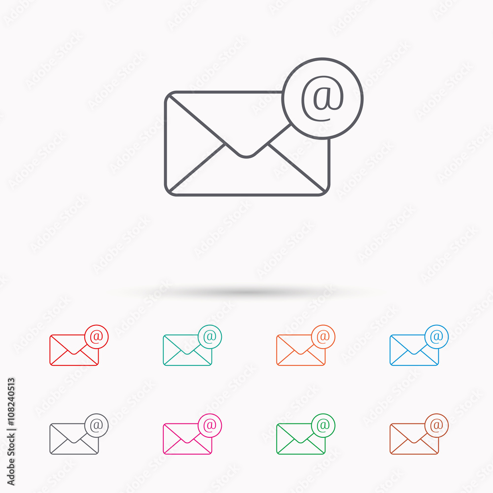 Envelope mail icon. Email message with AT sign. Envelope mail icon. Email message with AT sign.