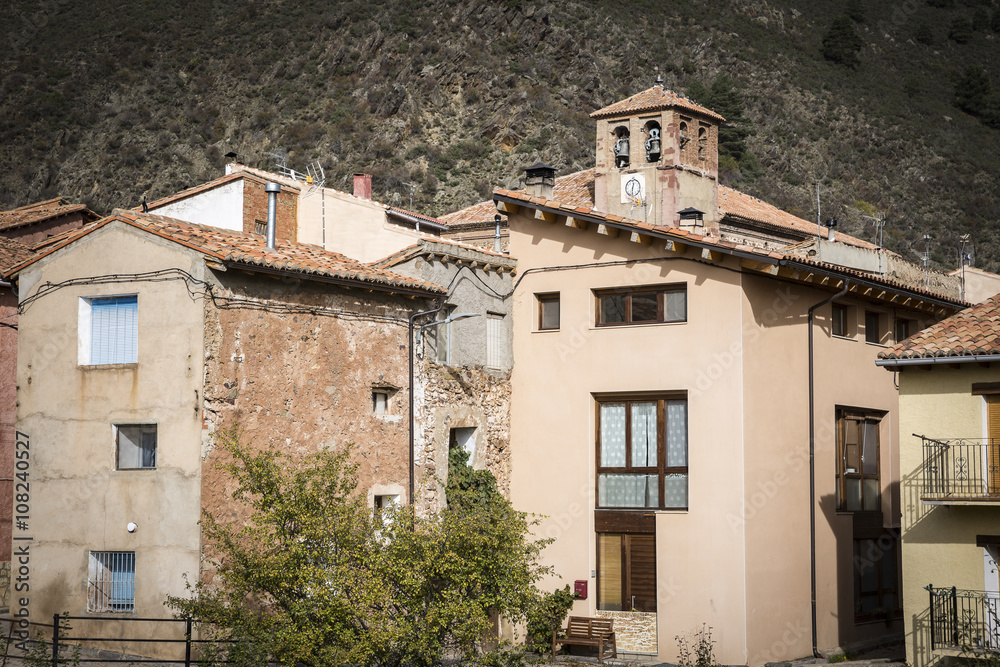buildings and the church in Noguera de Albarracin, Teruel, Spain