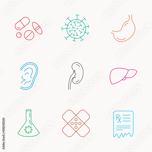 Pills, medical plaster and prescription icons.