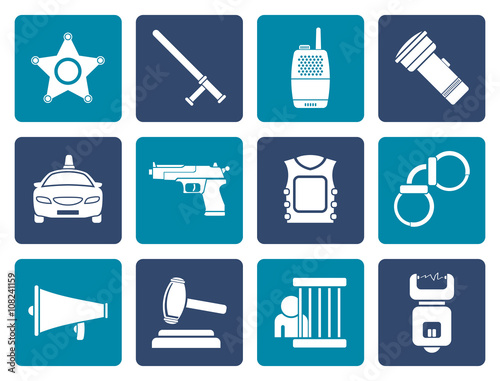 Flat law, order, police and crime icons - vector icon set 