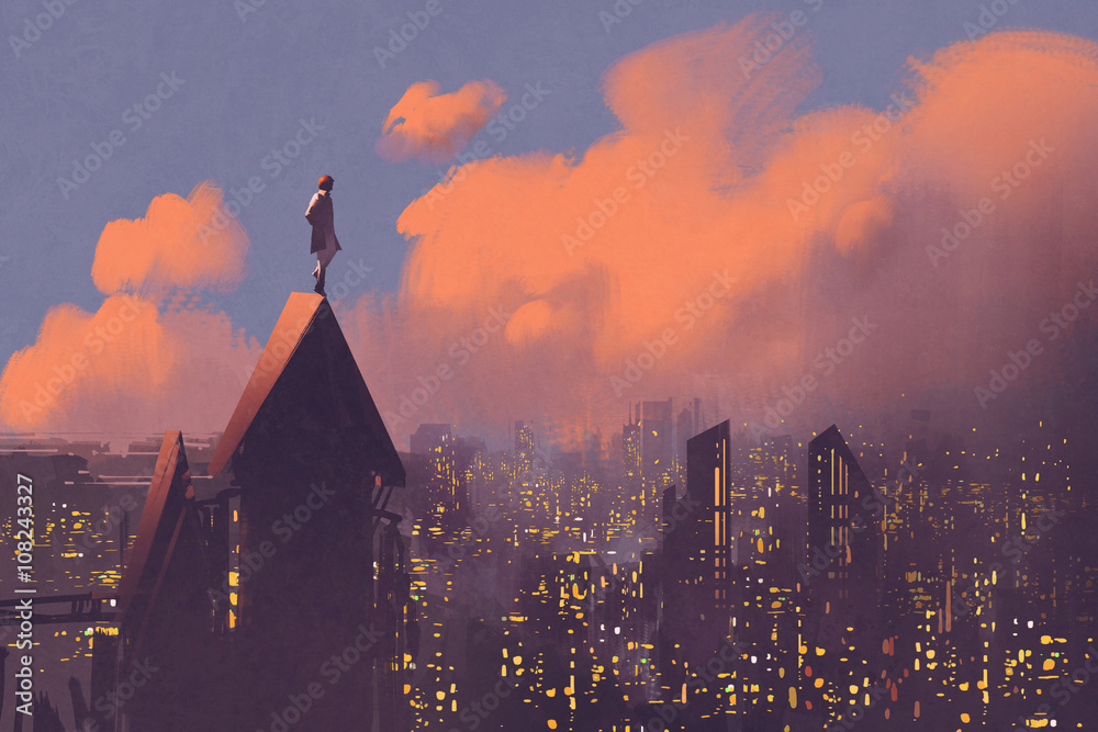 Naklejka premium man watching over the city,illustration painting