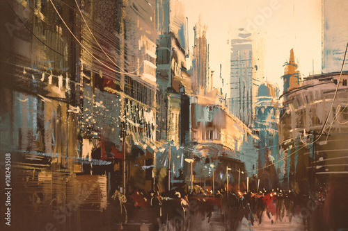 Illustration painting of city street,vintage style