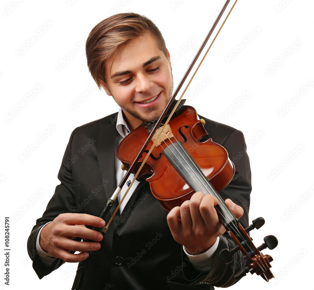 Handsome man plays violin isolated on white background, close up Handsome man plays violin isolated on white background, close up