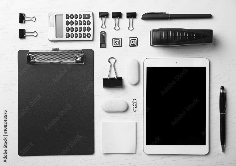 Set of office stationery isolated on a white background, top view Set of office stationery isolated on a white background, top view