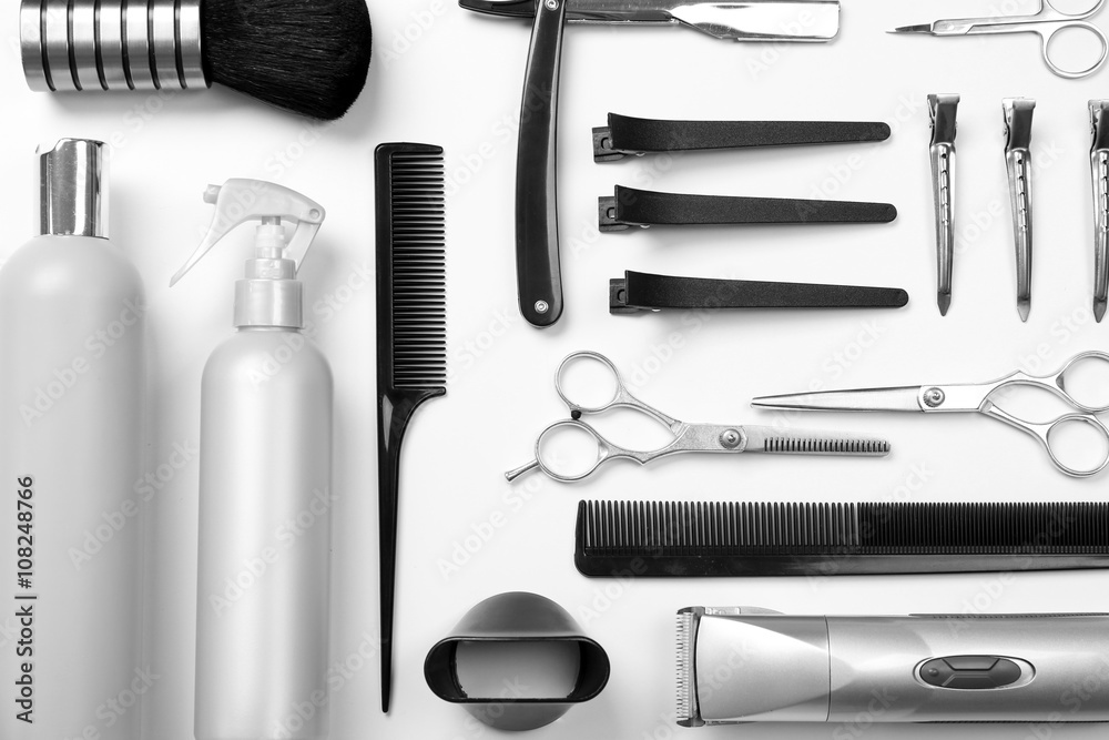 Barber set with tools, equipment and cosmetics, isolated on white Barber set with tools, equipment and cosmetics, isolated on white