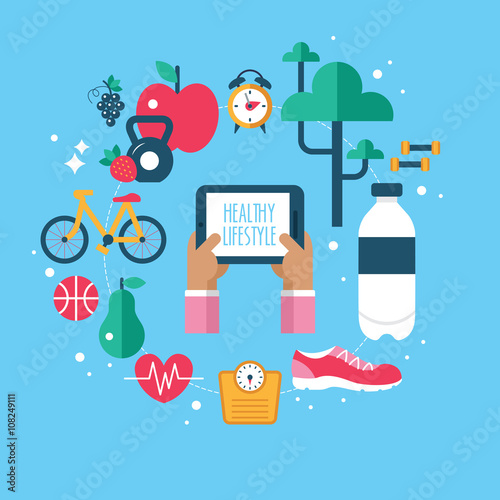 Healthy lifestyle app concept with flat modern icons. Isolated v