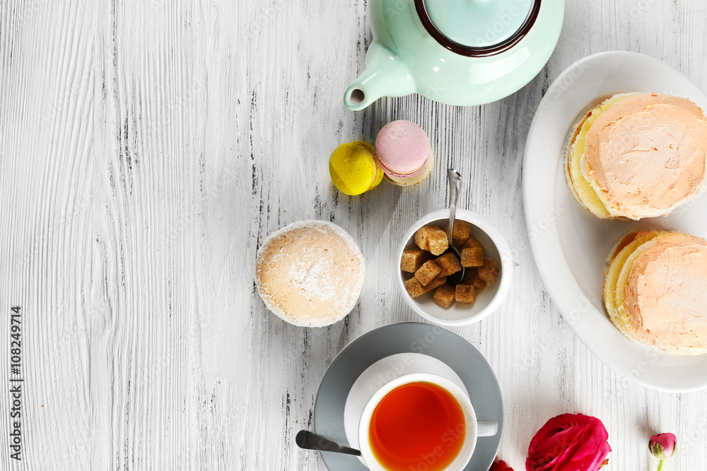 Cup of tea with delicious cakes Cup of tea with delicious cakes