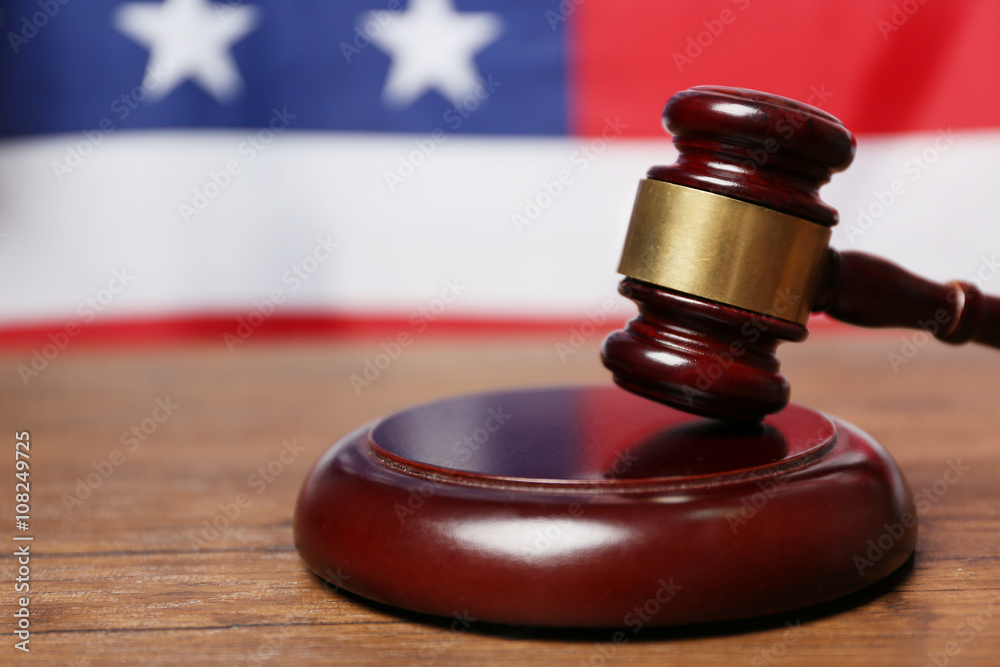 Judge gavel on American flag background