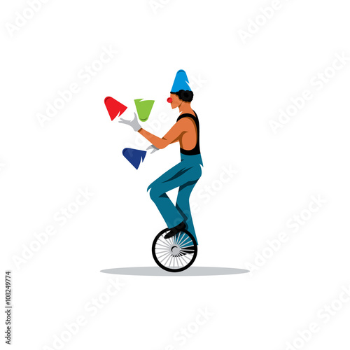 Clown juggles on the wheel. Vector Illustration.
