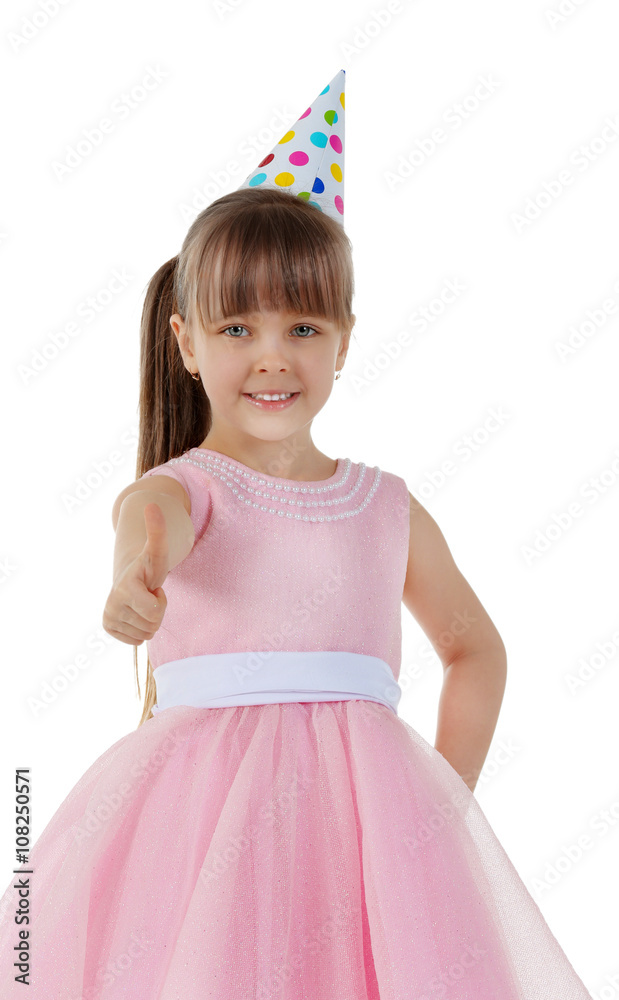 Little cute girl in birthday cap and pink dress, isolated on white Little cute girl in birthday cap and pink dress, isolated on white