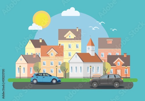The landscape of the historic city with cars. Vector illustration.