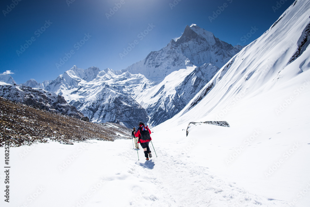 Mountaineer walking up along a snowy ridge. In background a shiny bright sun. Concepts: victory, adventure, courage, determination, self-realization, dangerous, extreme sport, goal 