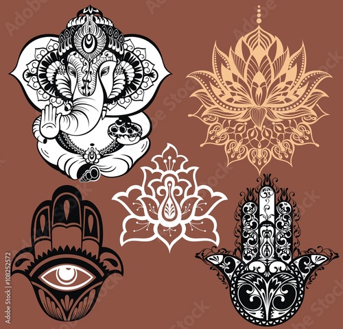 Big set with element of Indian culture. Lotus, chakras, yoga posses. Ornamental elephant and mandalas. Hamsa for luck. Medallion, yoga, india, arabic photo