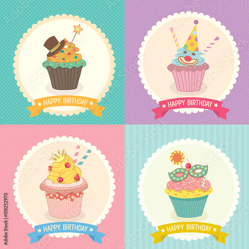 Vector of collection of fantasy cupcake  background with ribbon for birthday party invitation or greeting card.Bakery menu cake cafe.Cute style.