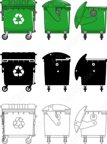 Different kind dumpsters isolated on white background in flat style: colored, black silhouette and contour. Vector illustration.