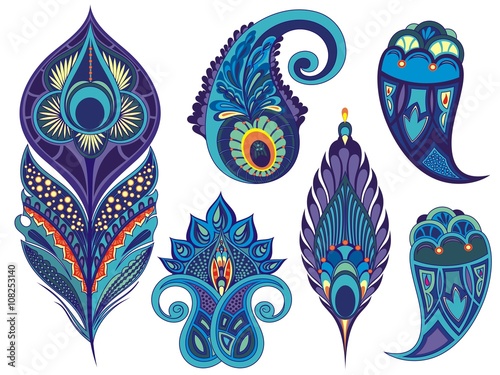 Set for design with peacock feathers, leaves, flowers and decorative elements