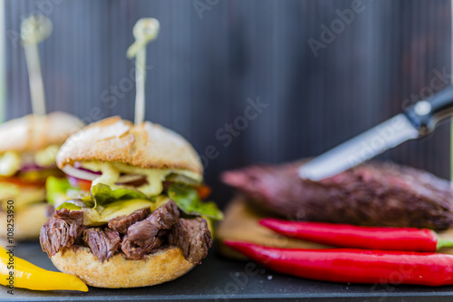 Beef burger with fresh vegetables, Delicious homemade burger, bavette photo