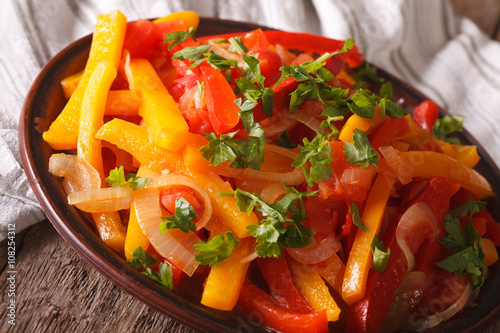 Piperade: peppers with tomatoes and onions close up. horizontal
 photo