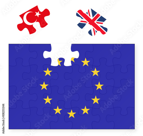 European Union flag missing United Kingdom Great Britain jigsaw puzzle piece, Brexit, EU sunset, Turkey in, replacement