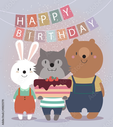 Cute Happy Birthday card with funny animals. Bear  hare  wolf  and cake. Vector illustration eps10.
