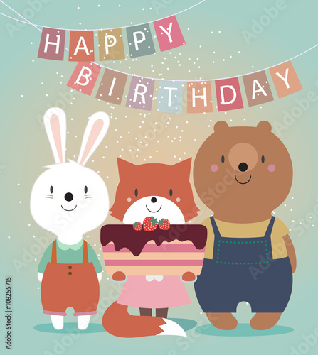 Cute Happy Birthday card with funny animals. Bear  hare  fox and cake. Vector illustration eps10.
