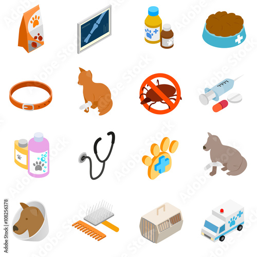 Veterinary icons set, isometric 3d style
