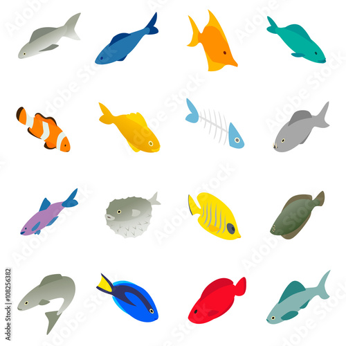Fish icons set, isometric 3d style 