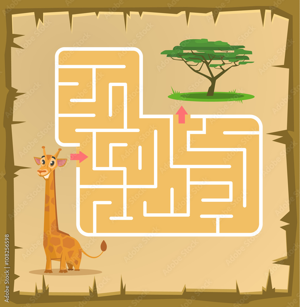 Naklejka premium Labyrinth game for children with giraffe. Vector cartoon illustration